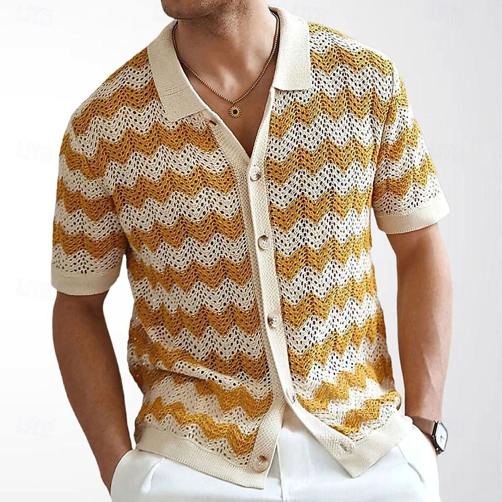 Per uomo Camicia casual Camicia con Bottoni Camicia Jacquard Giallo Blu Marrone Manica Corta Semplice Colletto a Camicia Casuale Quotidiano Traforato Abbigliamento Moda Casual del 2026 a $31.99 –P1