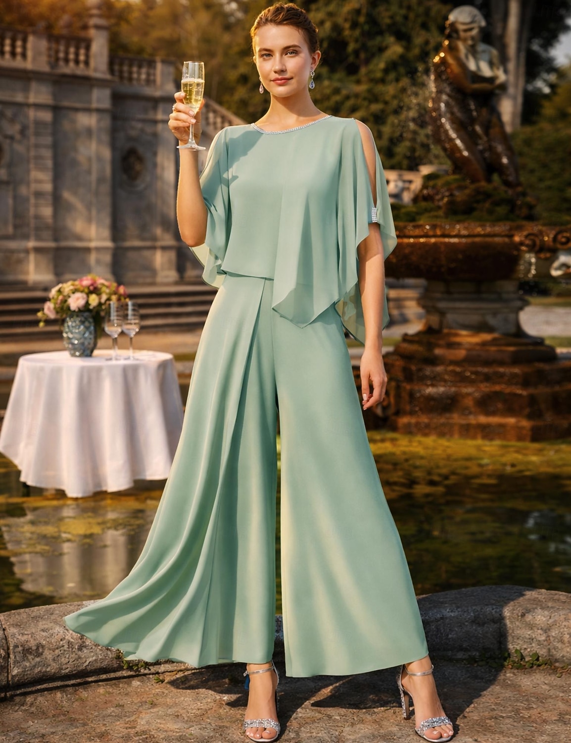 Combinaisons Longueur cheville Robe de Mère de Mariée  Sans manches Col Rond Élégant Fête Formel robe demoiselle d honneur Chiffon avec Perlage de 2026 ? $136.99 –P3