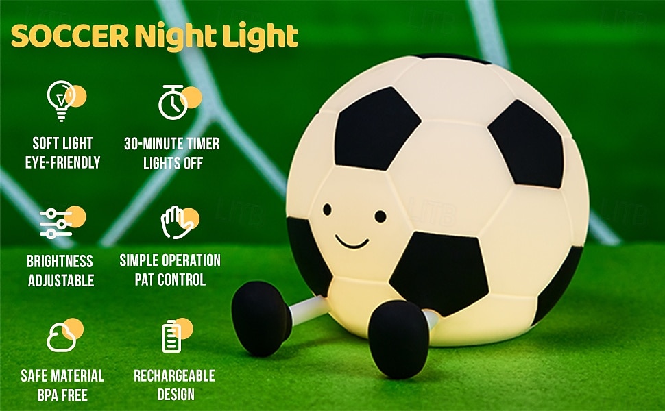 Soccer Soft Silicone Tap Light, Eye-Caring LED Lamp with 30-Minute Timer, 3 Adjustable Brightness Levels, USB Rechargeable Night Light for Bedroom, Bedside, Soccer Fan, Boys' Gift, Sports Decor 2026 - $17.99 –P1