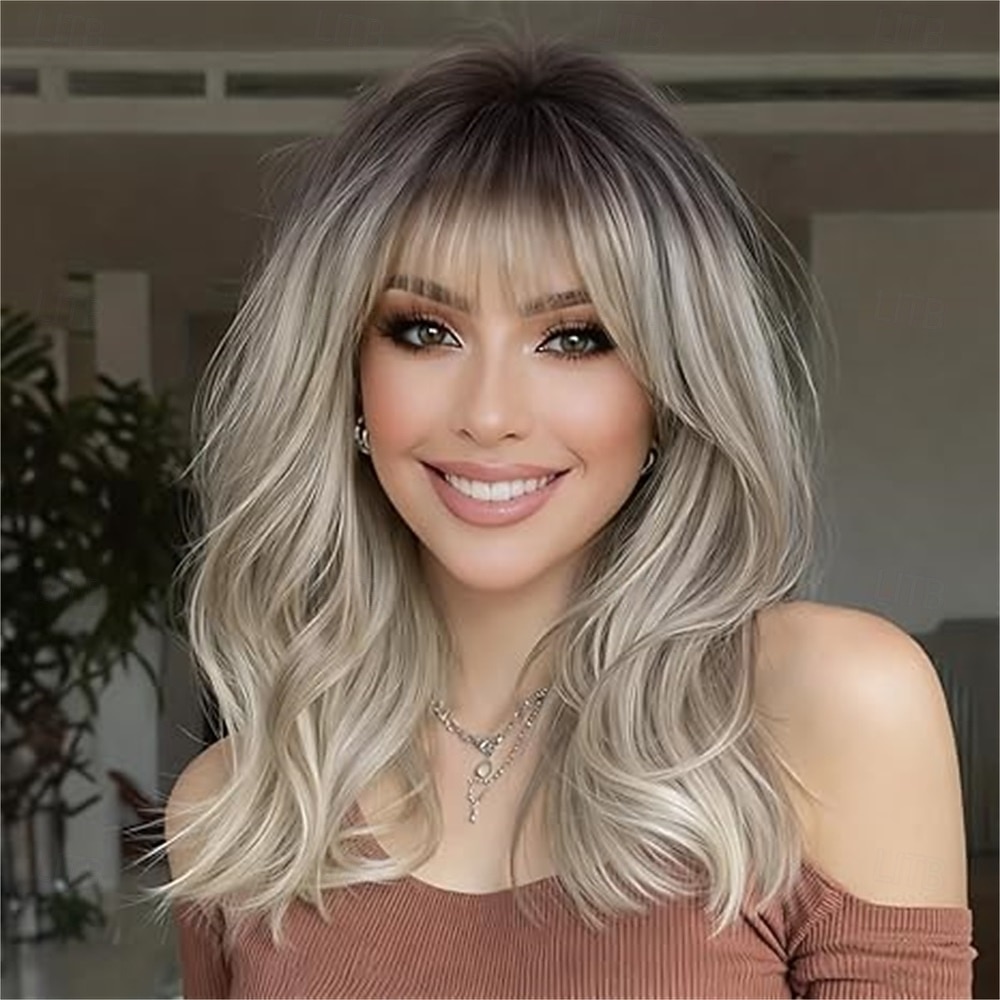 Парик омбре с челкой для женщин, коричневый, смешанный с карамельно-блондинистыми прядями, кудрявые и волнистые парики, многослойная прическа, синтетические парики для повседневной носки и вечеринок, 2026 - $25.99 –P7