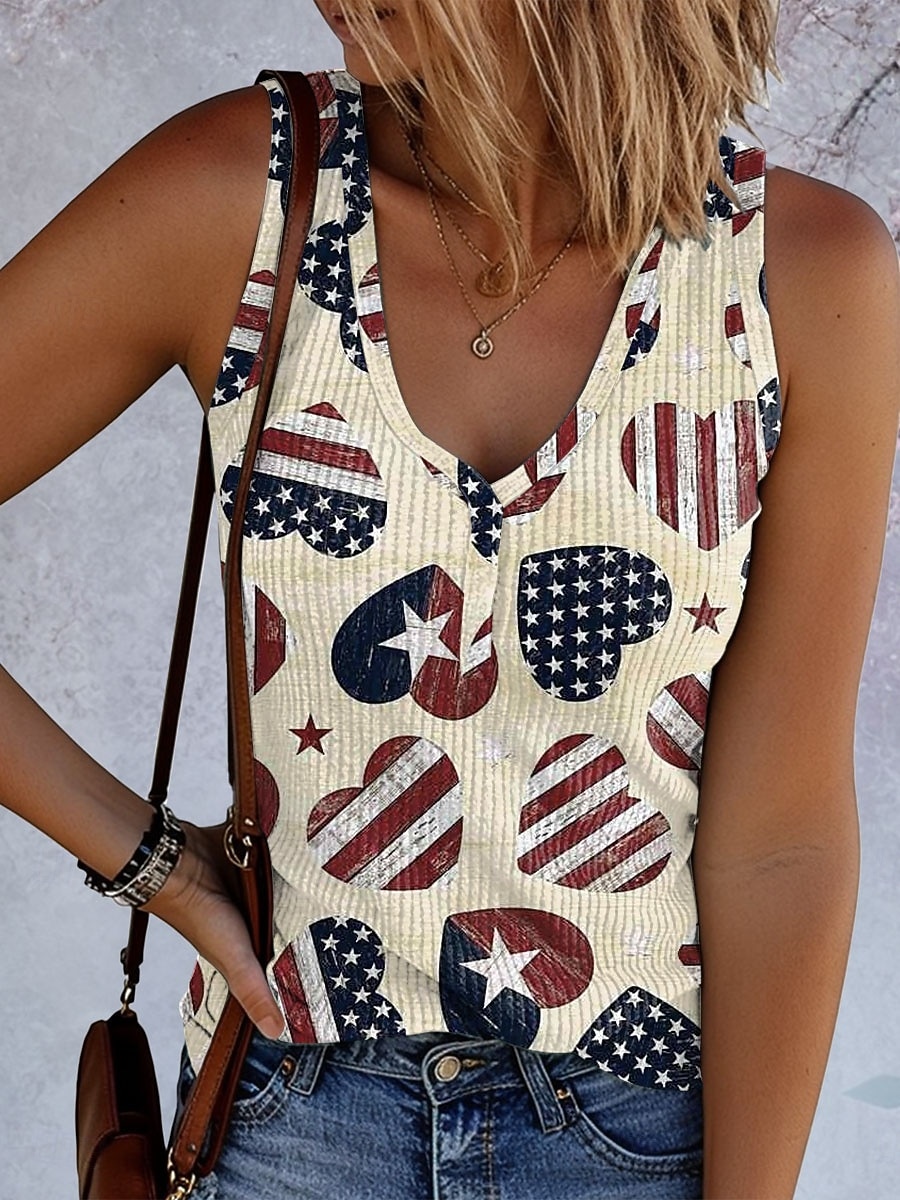 Amerikansk uavhengighetsdag Dame Singleter Trykt mønster Grafisk Flagg Årgang Tropisk Stilfull Ermeløs V-hals Vanlige topper Daglig Blå Rød Navyblå Beige Sommer Vår 2026 - $19.99 –P2