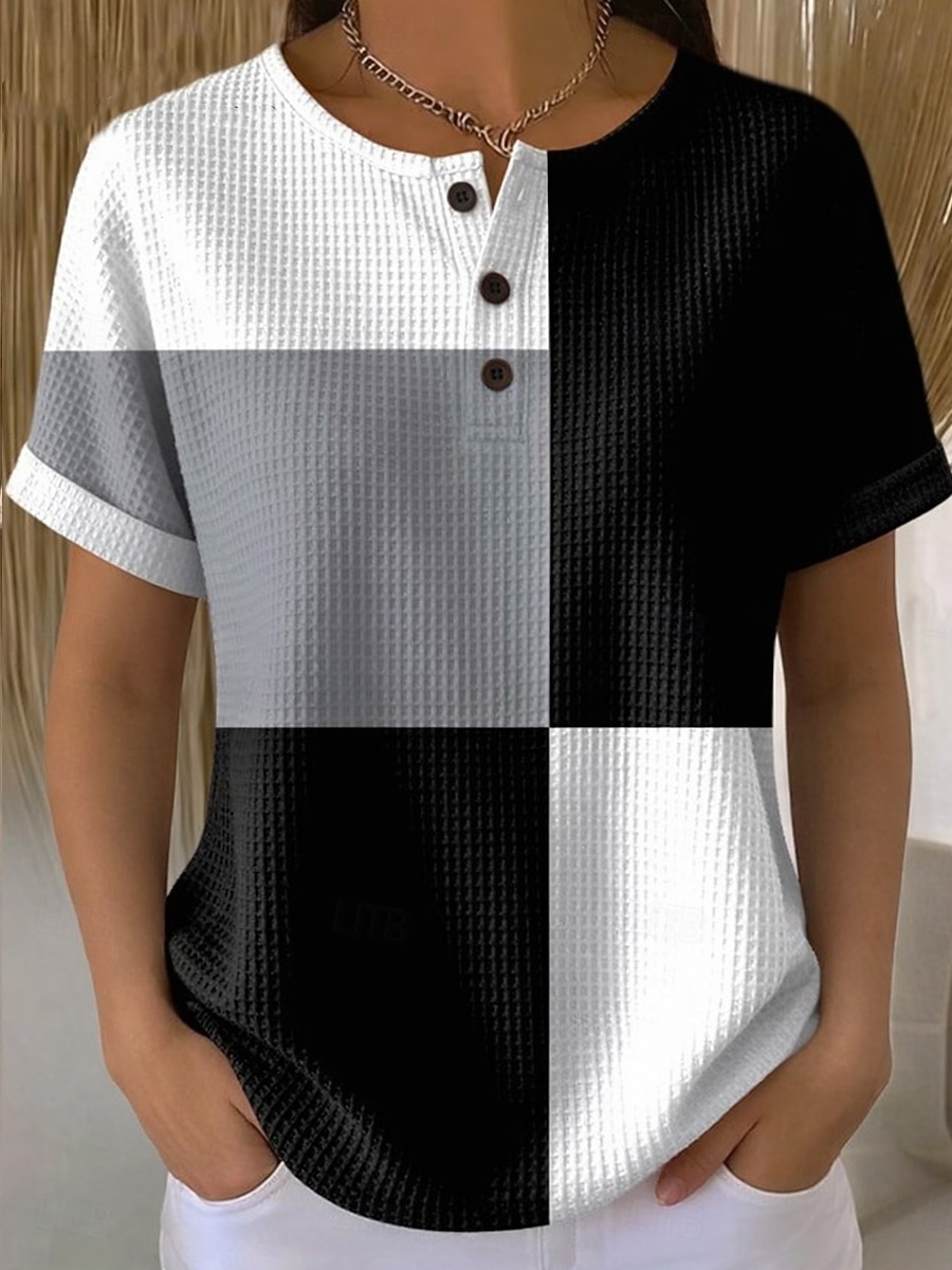 Dámské Waffle T-shirt s potiskem grafiky geometrické vintage stylové klasické krátký rukáv kulatý výstřih pravidelné topy denní černá a bílá černá bílá žlutá červená léto jaro 2026 - $21.99 –P13