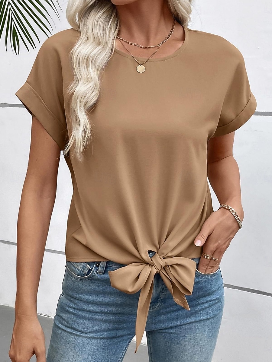 Femmes T-shirt Nœud Uni Mode Élégant Classique Manche Courte Col ras du cou Hauts Réguliers Quotidien Sortir Week-end Noir Blanche Vin Marron Beige Été Printemps de 2026 ? $24.99 –P13