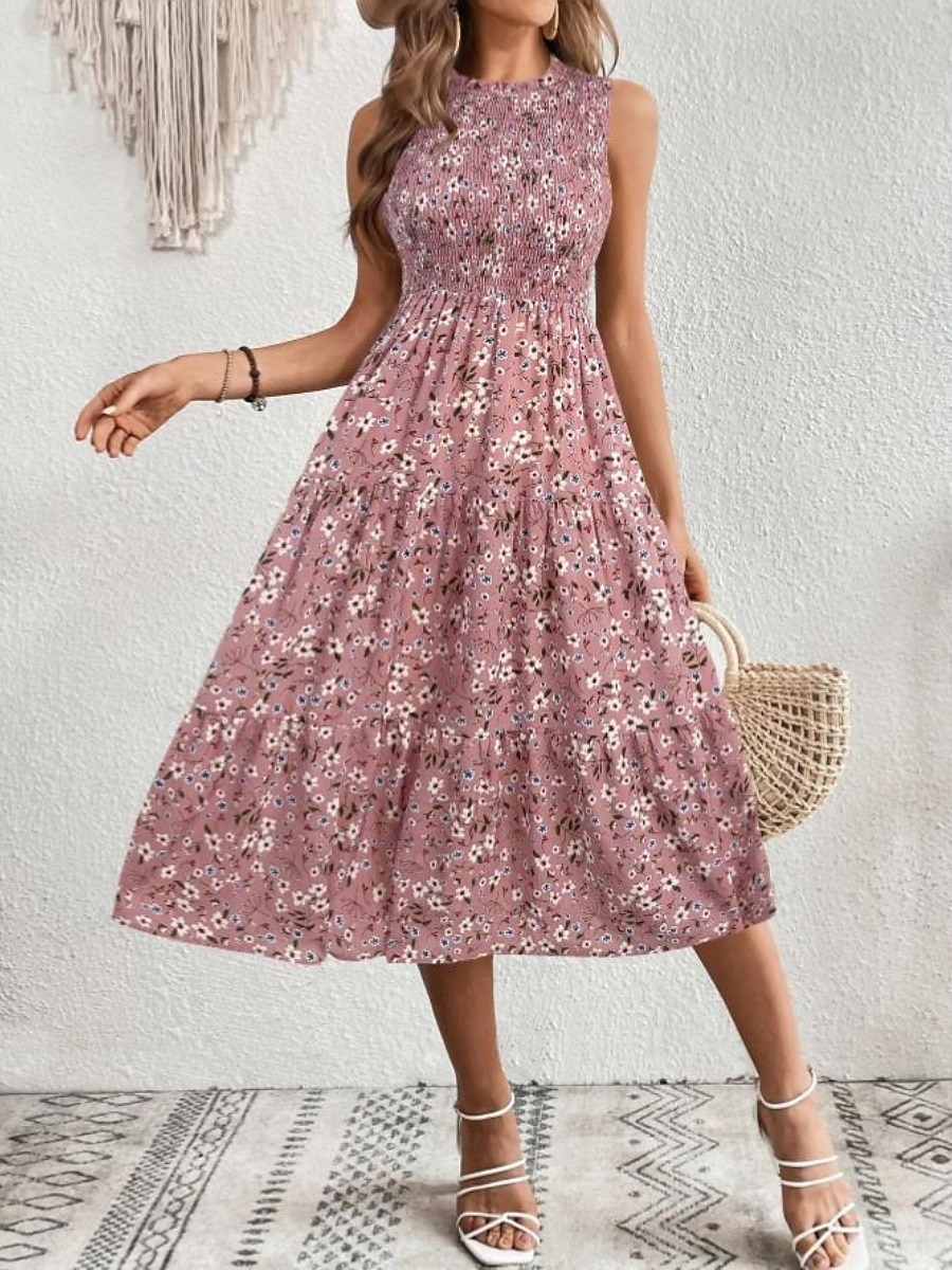 Damskie Sukienka midi Codzienne sukienki Sukienka A line Sukienka w kwiatki Elegancja Moda Nowoczesny Na zewnątrz Urlop Wyjściowe Regularny Kwiaty Bez rękawów Półgolf Niebieski Biały Rumiany róż Lato 2026 - $27.99 –P17