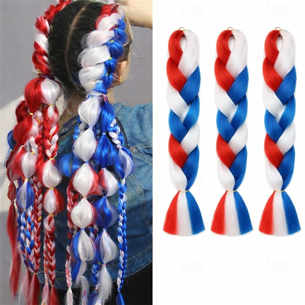 extensiones de cabello trenzadas jumbo rojas, blancas y azules para festivales &peinados para fiestas 2026 - $24.99 –P1