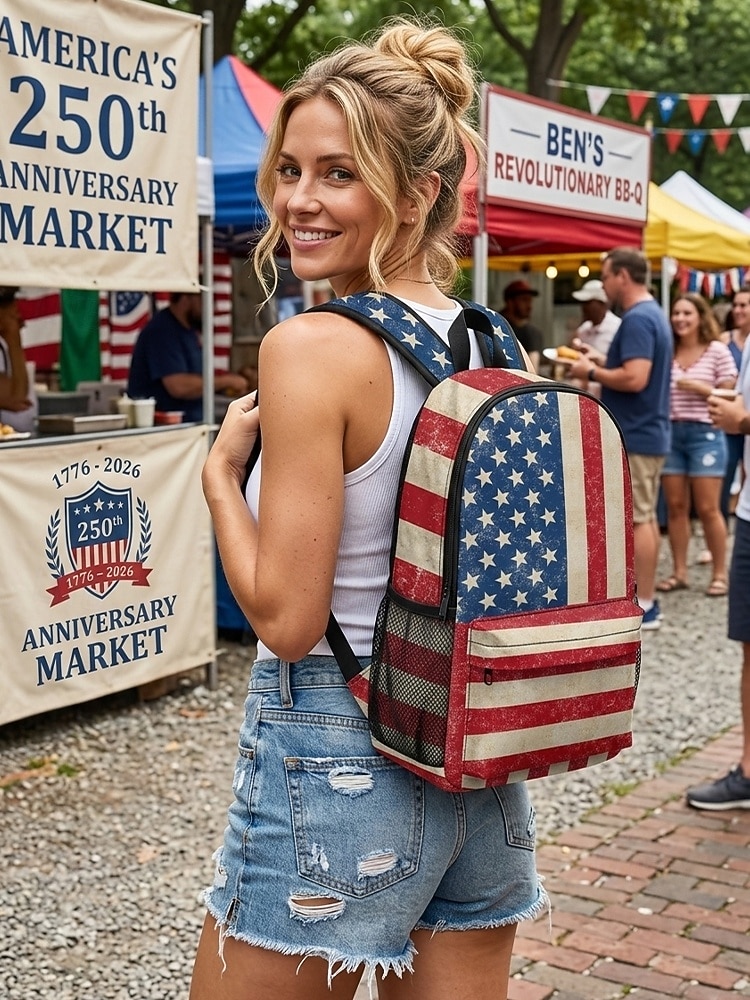 Unisex-Rucksack aus Polyester mit Print, Vintage-Design mit amerikanischer Flagge, großes Fassungsvermögen, strapazierfähig, ideal für den 250. Jahrestag, den Unabhängigkeitstag, Reisen und Outdoor-Aktivitäten. 2026 - $24.99 –P1