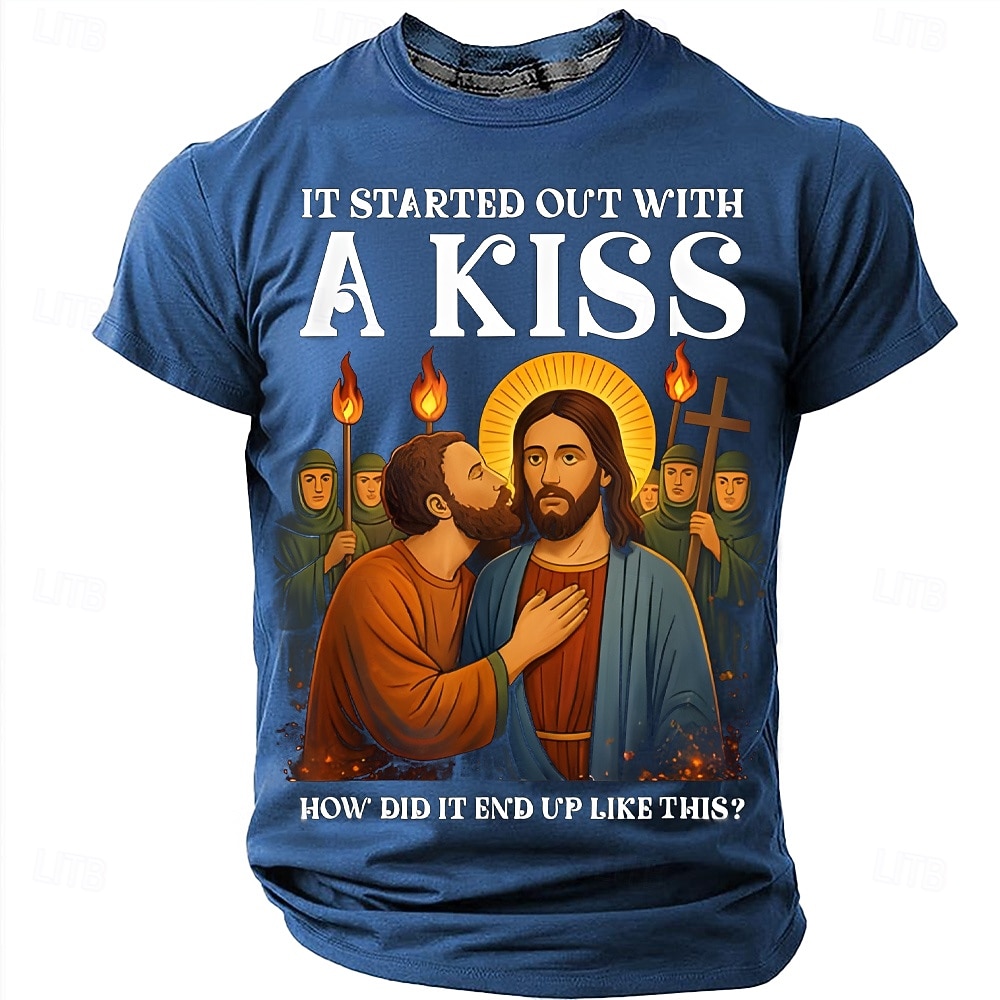 T-shirt graphique religieux drôle Bible pour hommes ça a commencé par un baiser Judas embrassant Jésus parodie religieuse T-shirt comment cela a-t-il fini comme ça drôle mème chrétien cadeau de 2026 ? $21.99 –P9