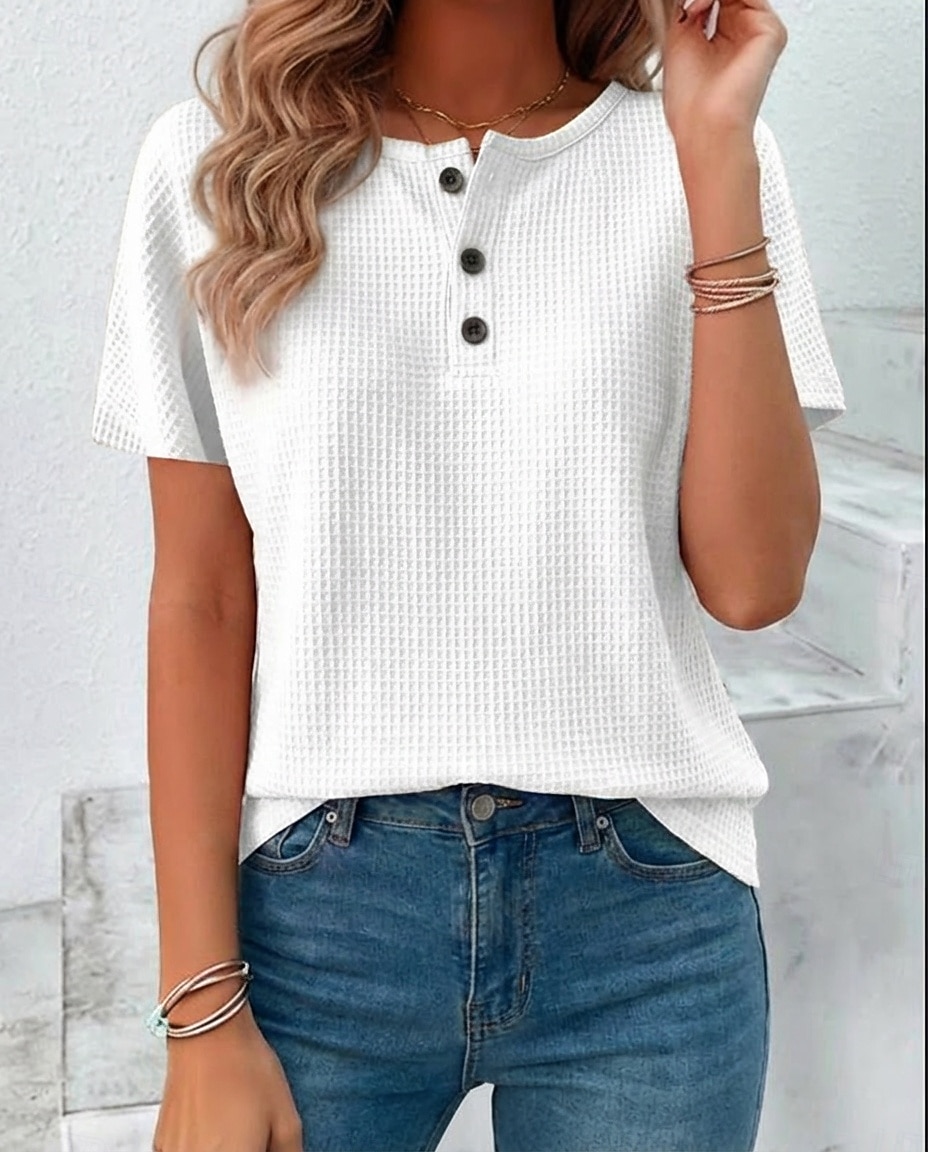 Mujer Camiseta Tops de verano Tops de punto gofre Botón frontal Graphic Plano Elegante Clásico Manga Corta Cuello Barco Tops regulares Diario Noche Ropa de playa Negro Blanco Amarillo Rojo Naranja 2026 - $27.99 –P4