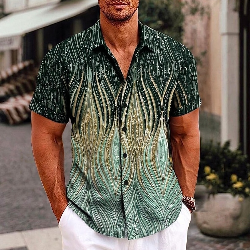 Hombre de impresión en 3D Diseño Geométrico Camisa Abotonar la camisa Manga Corta Moda Ropa de calle Design Diario Exterior Verano Primavera Cuello Vuelto Estampado Plata Rosa Morado Dorado Verde 2026 - $25.99 –P3
