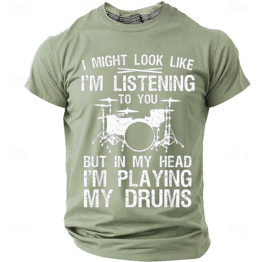Men's "In My Head I'm Playing My Drums" Funny Drummer Graphic T-Shirt Percussionist Joke Quote Tee Musician Gift Band Practice Gear Distressed Style Casual Short Sleeve Apparel S-3XL 2026 - $21.99 –P5