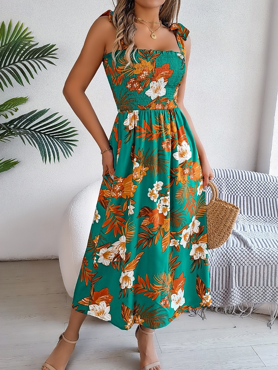 Women's Midi Dress Beach Dress A Line Dress Floral Dress Slip Dress Elegant Fashion Modern Outdoor Beach Vacation Regular Fit Floral Sleeveless Square Neck Blue Yellow Green Summer Spring 2026 - $26.99 –P17