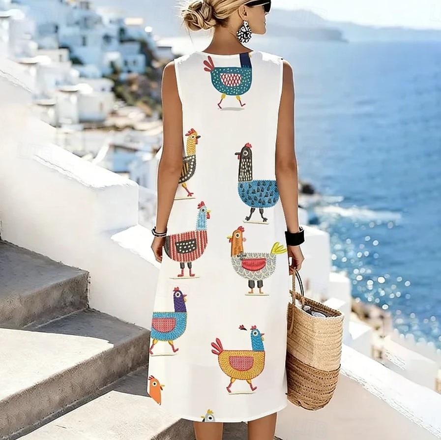 Women's Midi Dress Shift Dress Sundress A Line Dress Vacation Casual Boho Beach Going out Regular Fit Graphic Animal Sleeveless Crewneck White Sky Blue Beige Summer Spring 2026 - $39.99 –P5