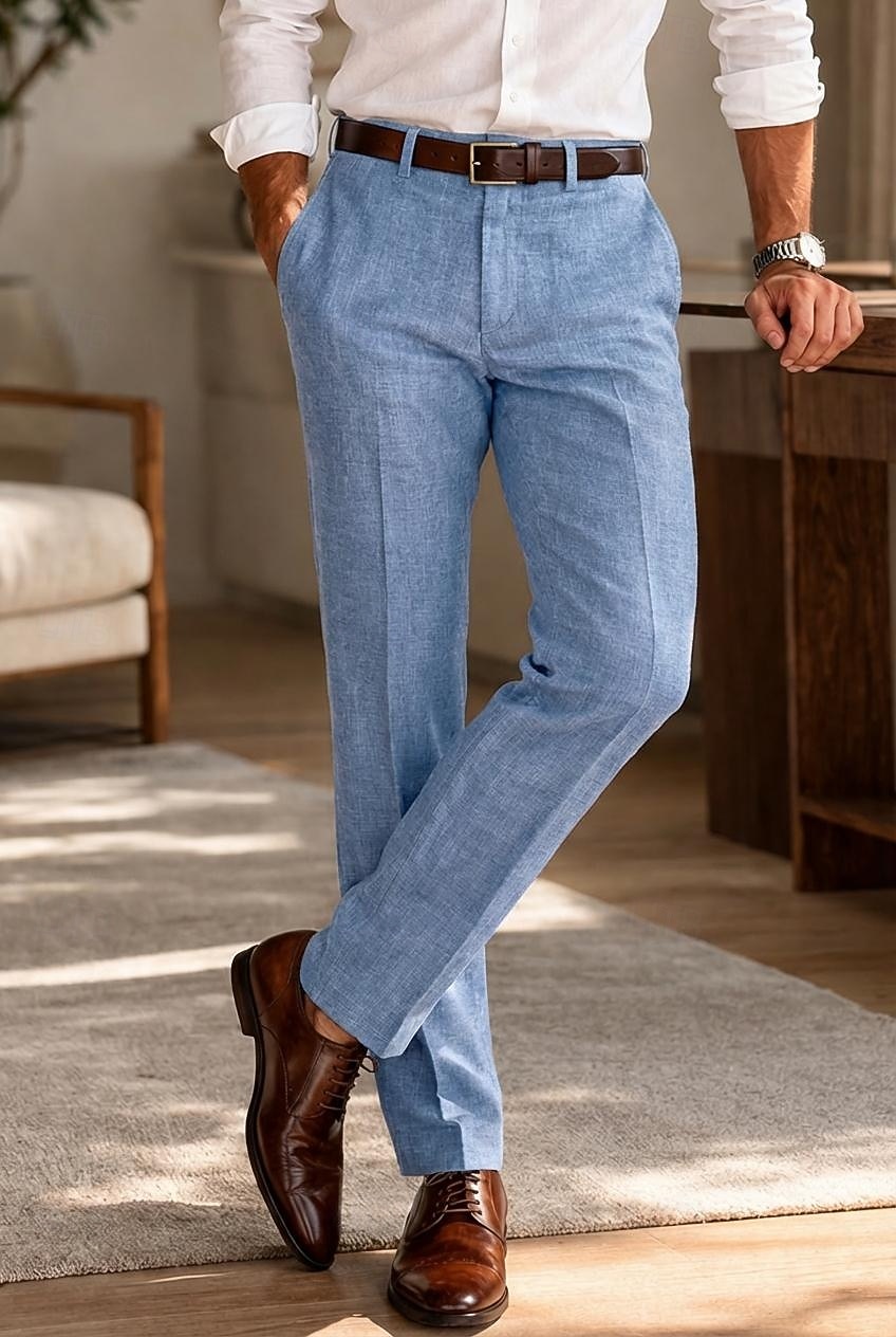 Masculino Algodão Linho Social Calça casual O negócio Casamento Vintage Clássico Formal Branco Rosa Vinho Primavera Verão Calças Côr Sólida Normal Longas Sem Elasticidade de 2026 por $39.99 –P2