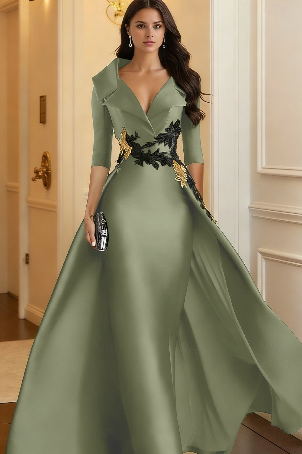 A-Line Floor Length Evening Gown Elegant 3/4 Length Sleeve Shirt Collar Formal Satin with Appliques 2026 - $186.99 –P13
