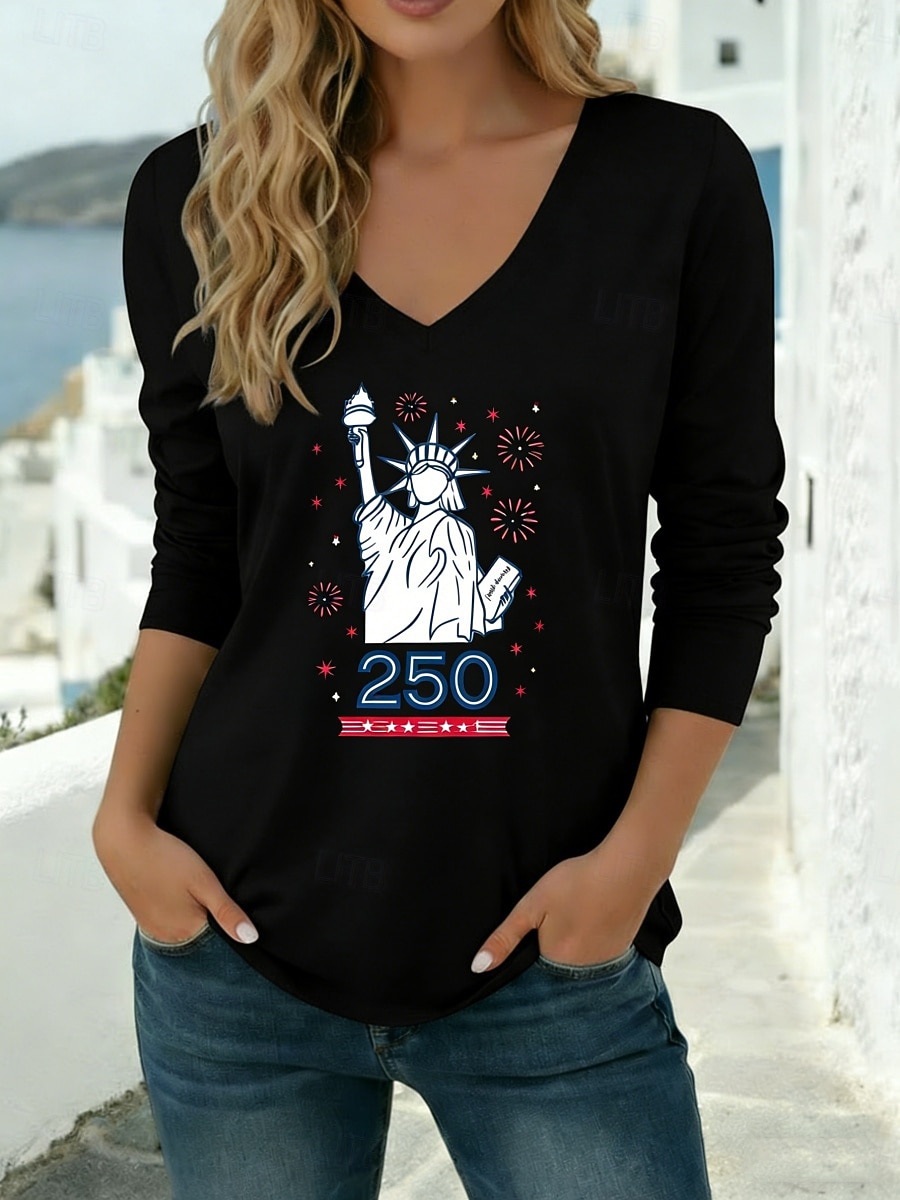 Amerikanska självständighetsdagen Dam T-shirt T-tröja Mönster Grafisk Mode Modern Ledigt Långärmad V-hals Vanliga toppar Dagligen Utekväll Helgen Blå Svart Vit Vin Armégrön Vår Höst 2026 - $21.99 –P6