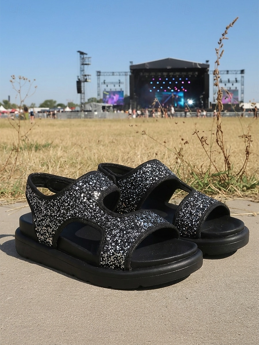 Sandale negre strălucitoare cu platformă și paiete pentru femei - pantofi gladiator îndrăzneți, cu toc gros și bloc, pentru festivaluri de muzică, ținute Coachella și rave-uri în cluburi de noapte 2026 - $32.99 –P3