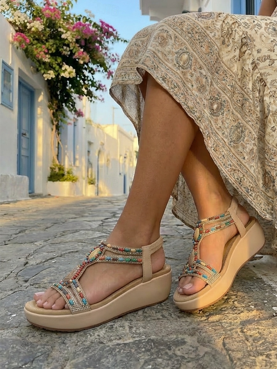 Женские богемные сандалии с цветочным принтом и Т-образным ремешком — удобные черные прогулочные туфли с красочными объемными цветочными акцентами и эластичным задним ремешком для отдыха на природе, летних фестивалей и поездок на пляж. 2026 - $46.99 –P4