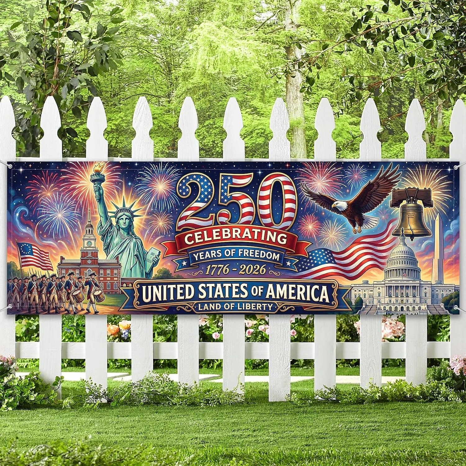 Banner ter ere van het 250-jarig jubileum van de VS: 250 jaar vrijheid. Een banner die de geschiedenis van de VS viert, met het Vrijheidsbeeld, de adelaar en vuurwerk. Perfect voor patriottische festiviteiten. 2026 - $21.99 –P1