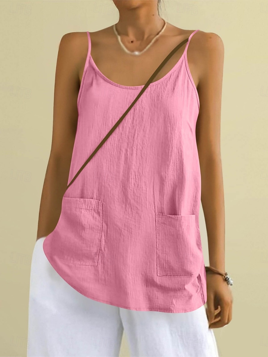 Regata feminina com bolso, lisa, moderna, elegante, clássica, sem mangas, gola redonda, ideal para uso diário, passeios e fins de semana. Cores: azul, preta, branca, amarela, rosa. Verão e primavera. de 2026 por $18.49 –P9