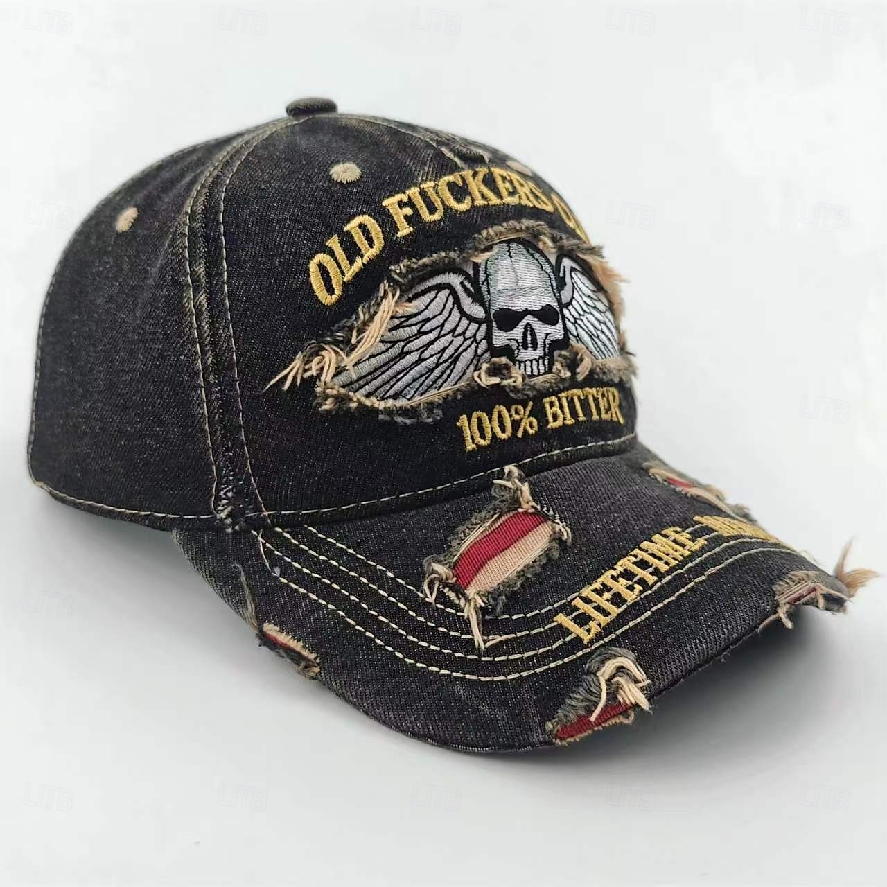 Rolig retro gamlingklubb broderad casualhatt, vintage sliten dödskalle med vingar pappa basebollkeps justerbar rolig grafisk hatt för män utomhus streetwear 2026 - $21.99 –P4