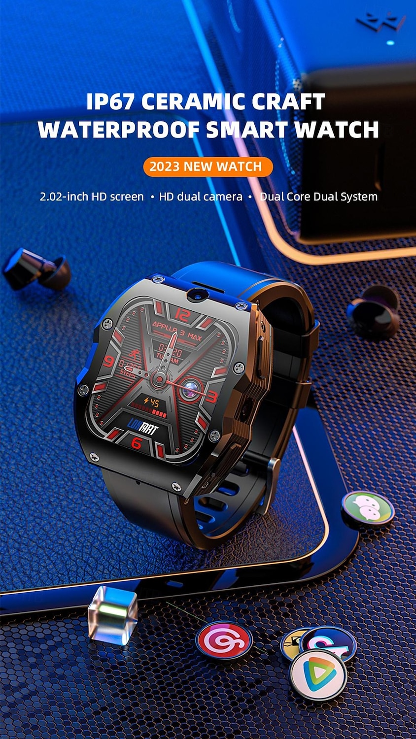 Lokmat appllp 3 max smartwatch 2,02 cala 4G LTE komórkowy smartwatch telefon krokomierz przypomnienie o połączeniach monitor aktywności kompatybilny z Androidem, iOS, GPS unisex, połączenia bez użycia rąk, sterowanie multimediami ipx-4 55 mm 2026 - $334.49 –P3