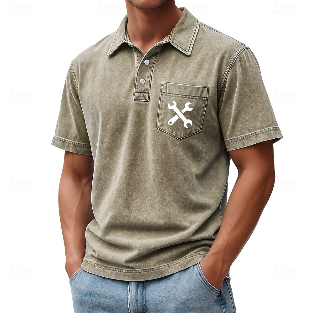 SoftFade™ Men's Graphic Acid Wash Shirt 100% Cotton Short Sleeve Polo Shirts Athleisure Pocket 3D Print Buttons Spring & Summer Blue Brown Green 2026 - $31.99 –P3