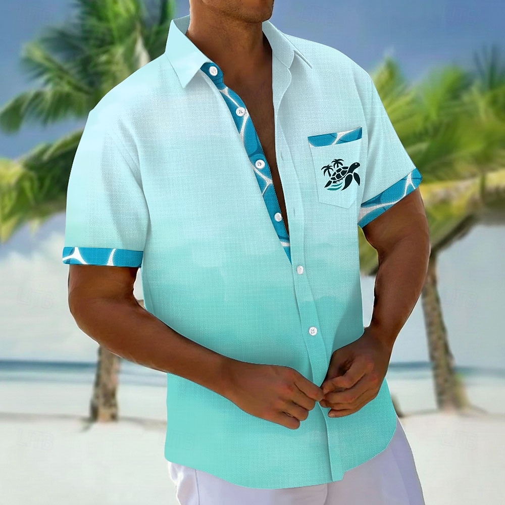 Men's Gradient Color Turtle Sea Creatures Shirt Hawaiian Shirt Aloha Shirt Short Sleeve Hawaiian Vacation Holiday Summer Turndown 3D Print Front One Pocket Linen Like Shirt Blue Teal Pink Green 2026 - $25.99 –P1