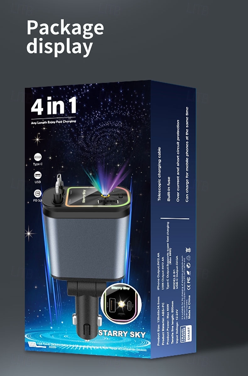 Cargador rápido para coche 5 en 1 de 180 W, adaptador de corriente USB tipo C, cargador de teléfono retráctil con luz de techo tipo estrella para teléfonos iOS y Android. 2026 - $24.99 –P1
