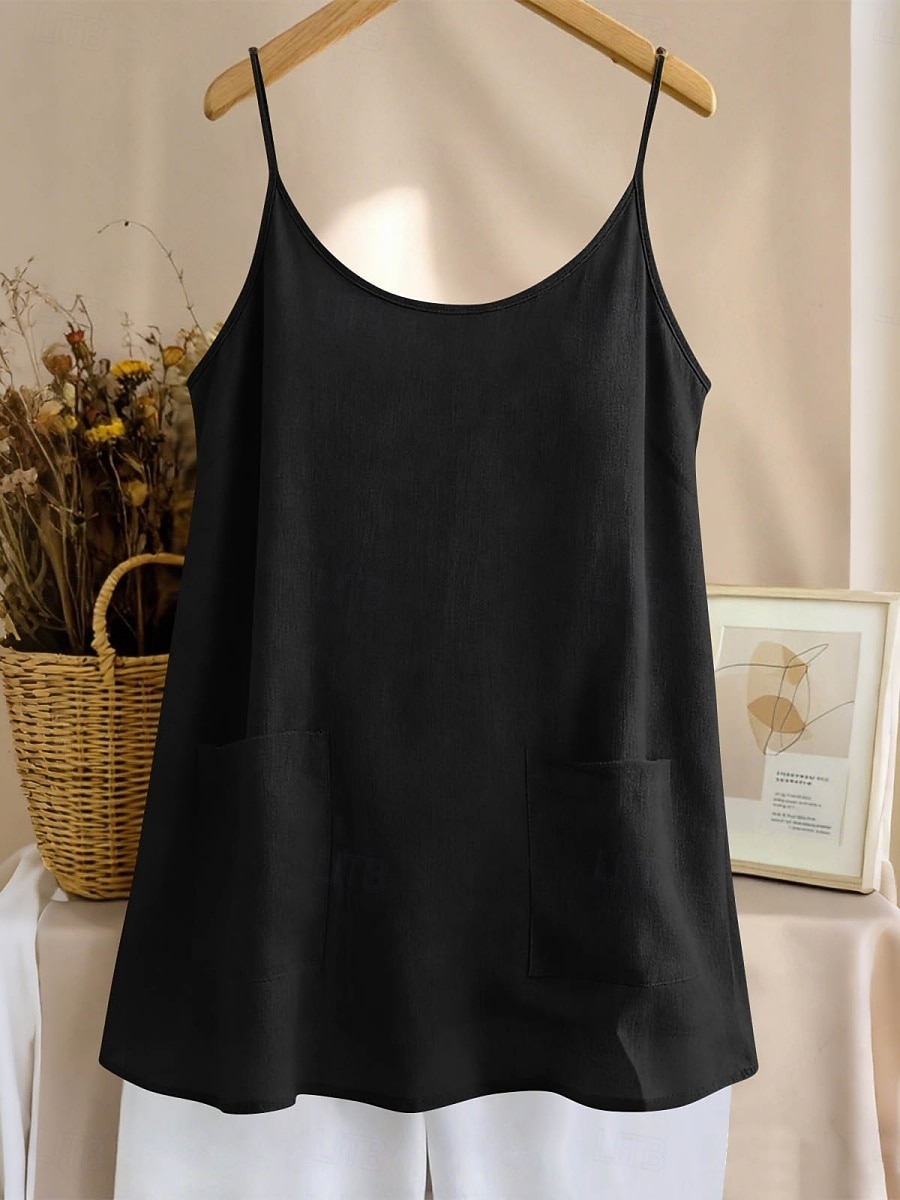Regata feminina com bolso, lisa, moderna, elegante, clássica, sem mangas, gola redonda, ideal para uso diário, passeios e fins de semana. Cores: azul, preta, branca, amarela, rosa. Verão e primavera. de 2026 por $18.49 –P17