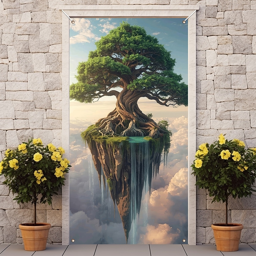 fantazie strom života plovoucí ostrov vodopád a mraky surrealistická krajina dveře banner zeď gobelín přední dveře dekorace domov vchod dekor venkovní vnitřní 2026 - $17.99 –P3