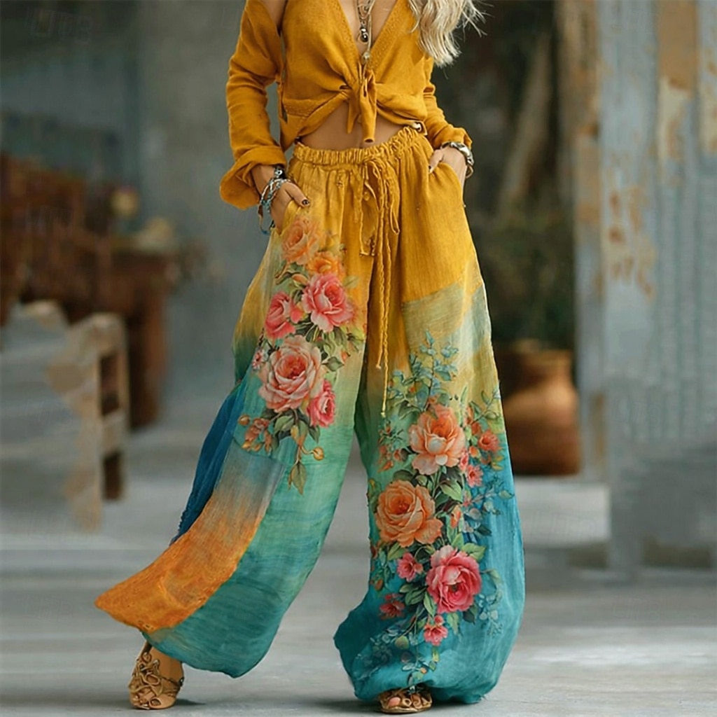 Women's Graphic Wide Leg Pants Trousers Palazzo Pants Fashion Boho Full Length High Waist Flower Drawstring Elastic Waist Print Breathability Comfortable Street Daily Wear Going out Blue Pink Purple 2026 - $10.99 –P7