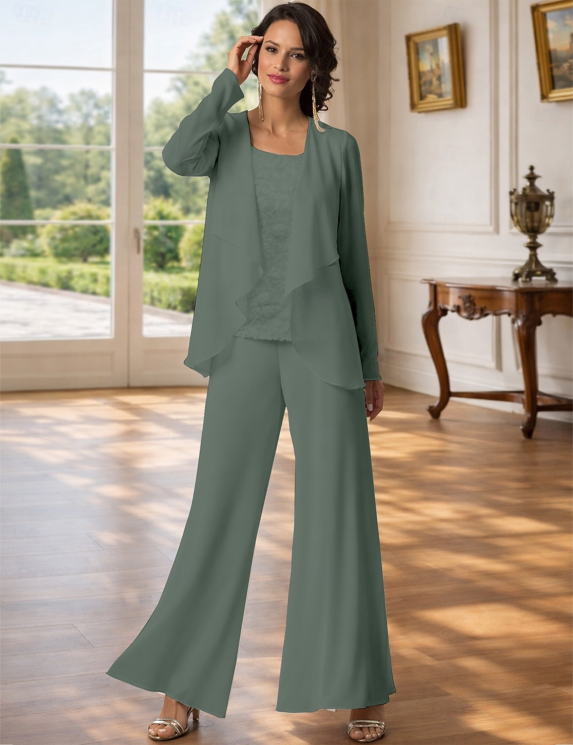 Traje de pantalón Traje de 3 piezas Hasta el Suelo Vestido de Madrina Sin Mangas Barco de cuello Elegante Talla Grande Bolero incluido Formal Invitado a la boda Gasa con Encaje 2026 - $126.99 –P20