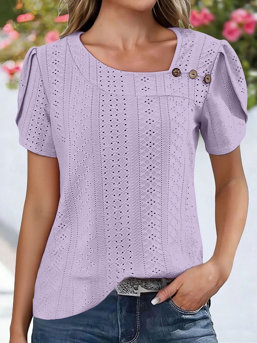 Γυναικεία Πουκάμισο Πουκάμισο Pointelle Κορυφή ματιών Μπλούζα Μικρή Οπή Κουμπιά Σκέτο Βίντατζ Στυλάτο Κλασσικό Κοντομάνικο Ασύμμετρο Κανονικά μπλουζάκια Causal Καθημερινά Παραλία 2026 - $18.49 –P2