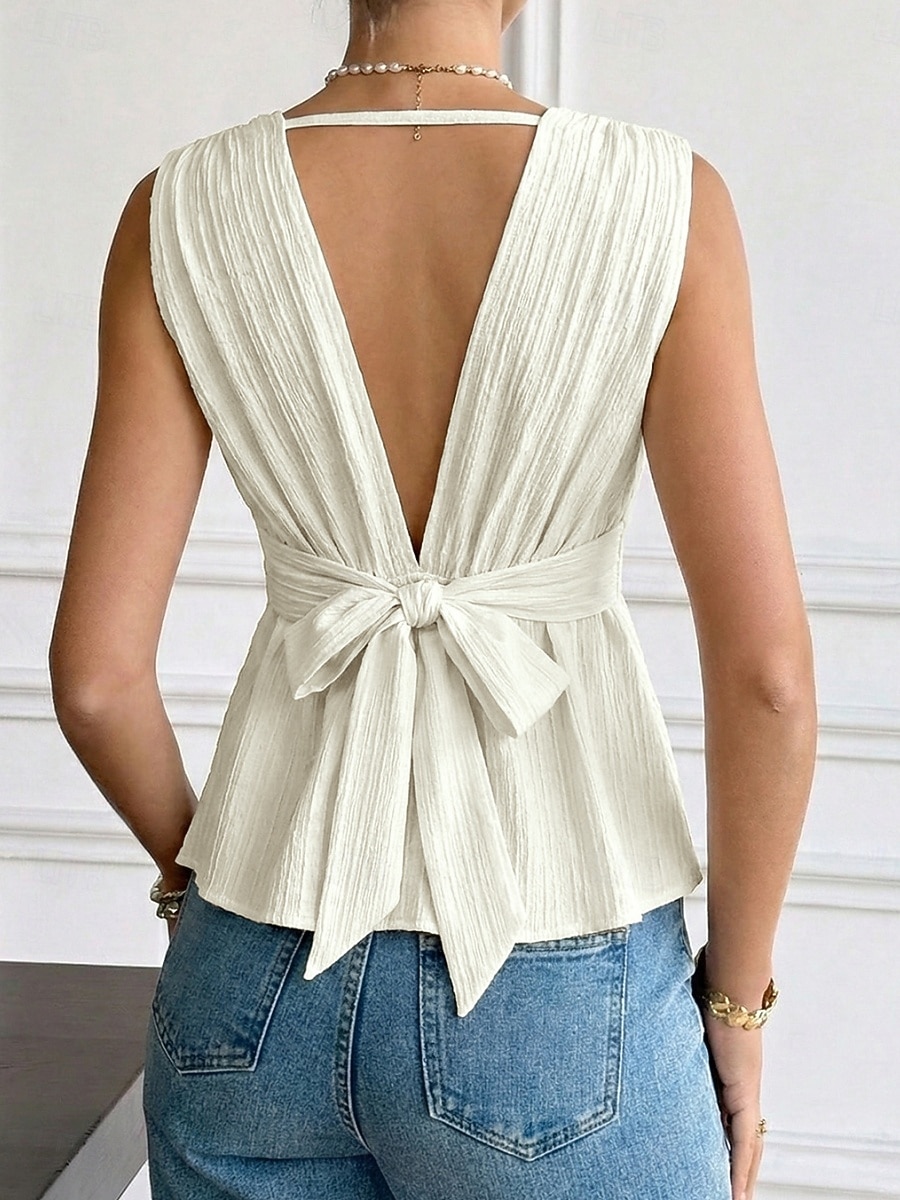 Mujer Camiseta sin mangas Frunce Plano Elegante Moda Clásico Sin Mangas Manga Corta Escote en Pico Tops regulares Diario Noche Fin de semana Albaricoque Verano Primavera 2026 - $27.99 –P3