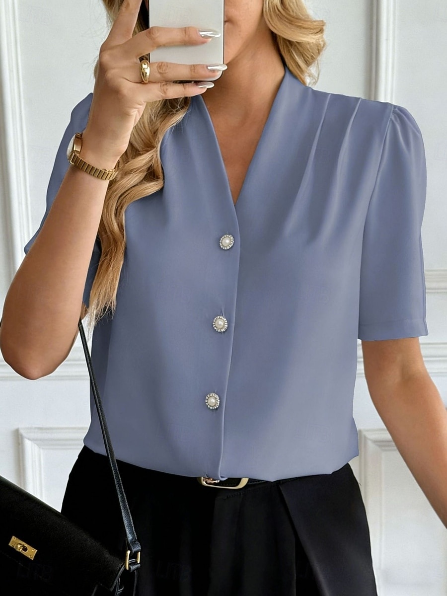 Mujer Camisa Camisa con botones Camisa casual Botones Plano Elegante Clásico Moderno Manga Corta Escote en Pico Tops regulares Diario Festivos Noche Azul Piscina Negro Blanco Vino Albaricoque Verano 2026 - $31.99 –P7