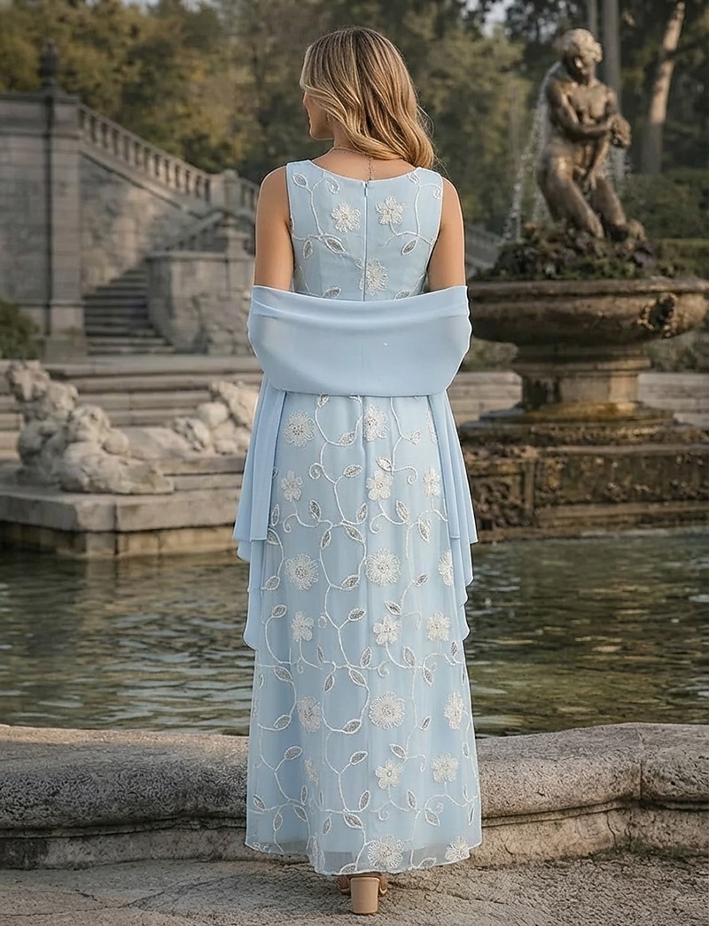 Tvådelad A-linje Golvlång Bröllopsgästklänning Klänning till brudens mor Ärmlös V-hals Axelbandslös Elegant Enkel minimalist Formell Semiformell Jacquard Sjal inkluderad med 3D-blommor Broderad 2026 - $159.99 –P4
