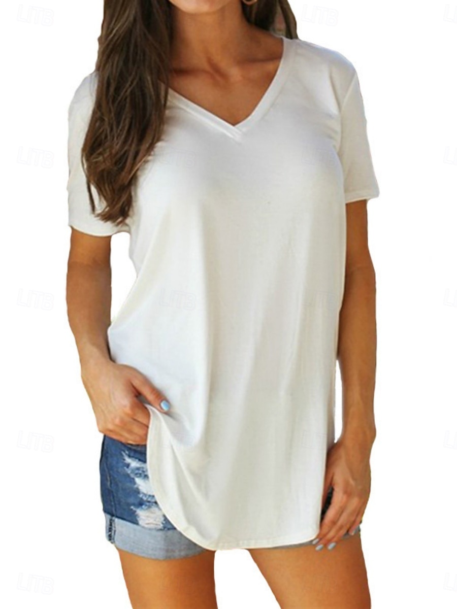 Mujer Camiseta Camiseta superior Color sólido Moda Básico Clásico Manga Corta Escote en Pico Tops cortos Diario Noche Fin de semana Negro Blanco Amarillo Gris Verano Primavera 2026 - $19.99 –P1