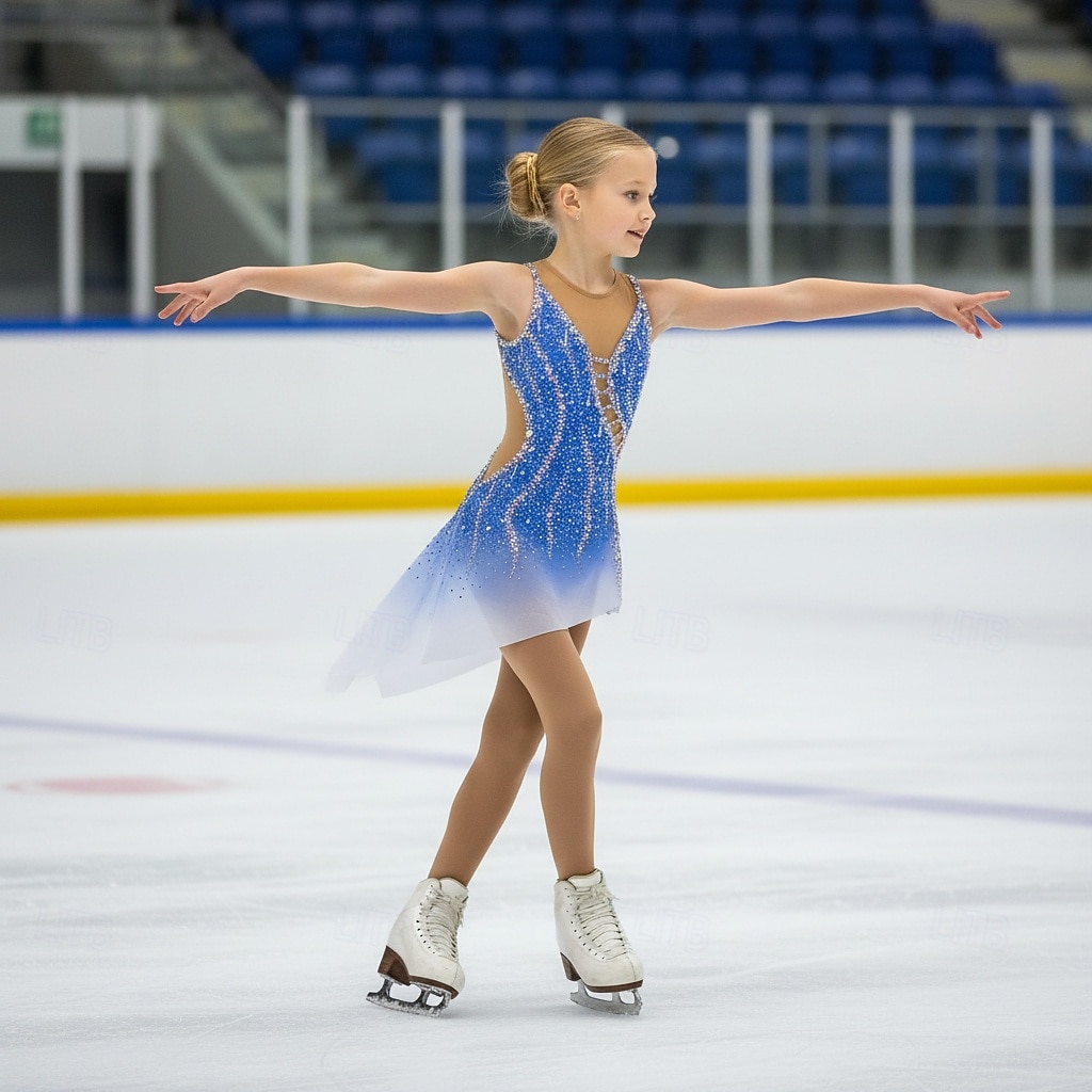 Figure Skating Dress Girls' Ice Skating Dress Blue Patchwork Asymmetric Hem Stretchy Training Competition Skating Wear Classic Crystal / Rhinestone Sleeveless Ice Skating Figure Skating 2026 - $273.99 –P1