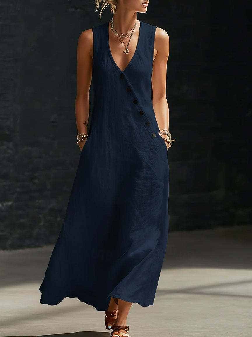 Robe longue en coton et lin pour femme, robe d'été, robe trapèze, robe cintrée et évasée, robe de vacances décontractée, style bohème, robe de plage décontractée, robe de soirée ample, robe unie sans de 2026 ? $24.99 –P5