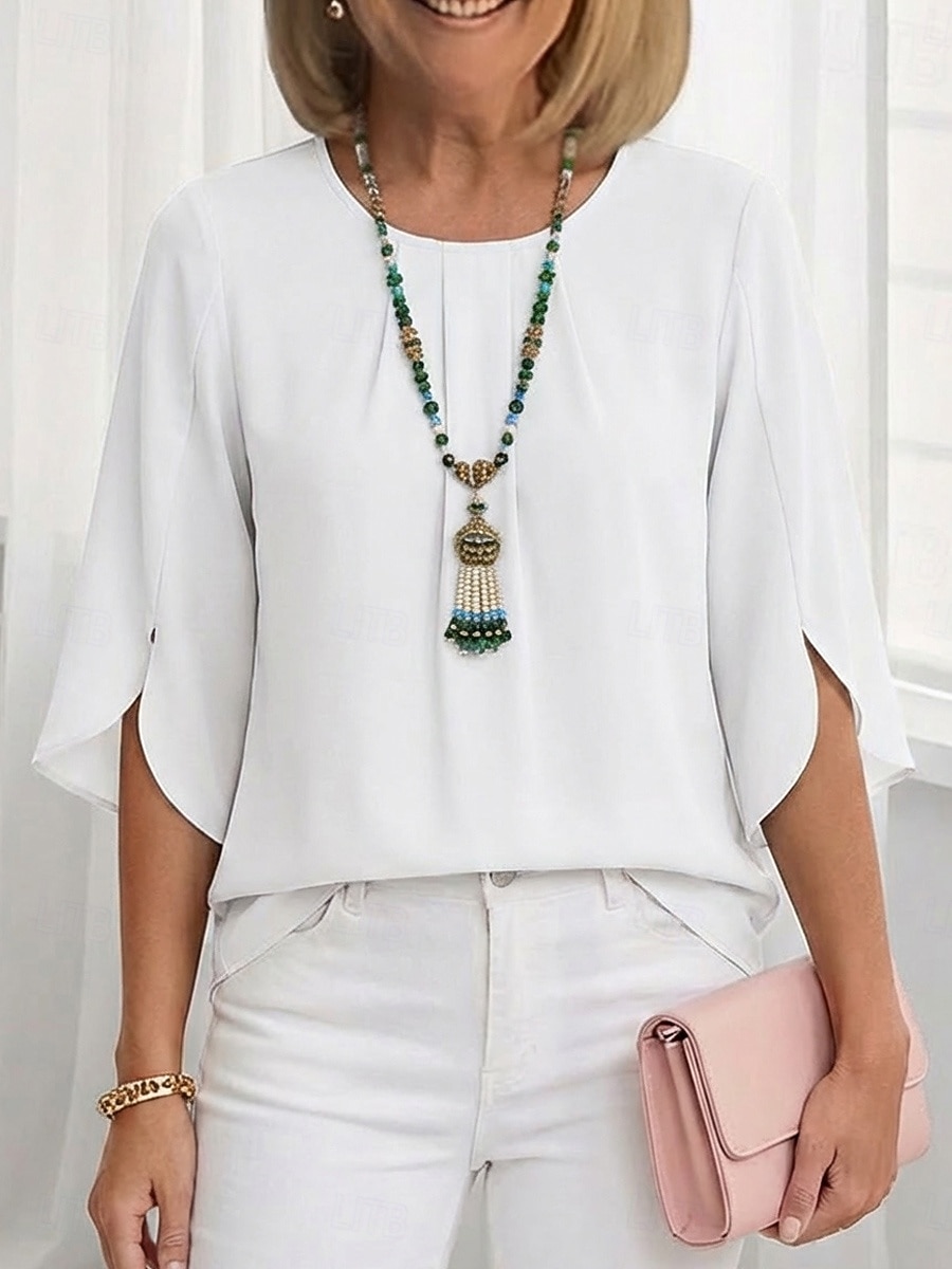 Dames Blouse Chiffon-topjes Met ruches Effen Actief Stijlvol Halve mouw Strakke ronde hals Normale tops Dagelijks Feestdagen Uitgaan Zwart Wit Lichtgroen Wijn Marineblauw Zomer Lente 2026 - $21.99 –P2