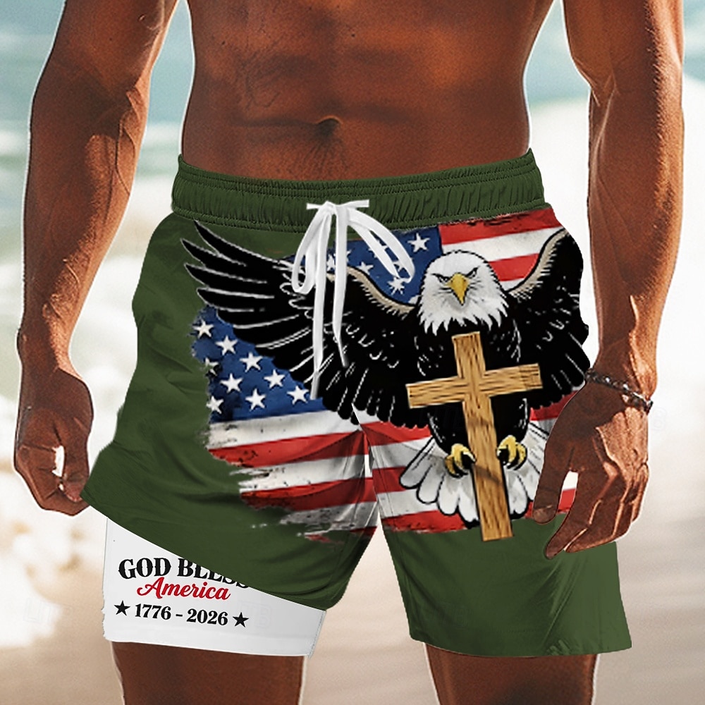 Herr 4 juli USA:s 250-årsjubileum Örn USA: s flagga Fodrade shorts 2 i 1 simshorts Badshorts Medium Midja Patriotisk Helgdag Sidfickor Med kompressionsfoder Elastisk dragsko i midjan Designer Kläder 2026 - $22.99 –P4