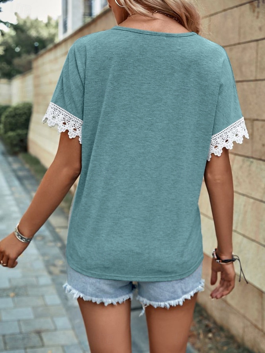 Women's Shirt Blouse Lace Tops Patchwork Solid Color Stylish Classic Modern Short Sleeve V Neck Regular Tops Daily Holiday Going out Blue Black Wine Orange Gray Summer Spring 2026 - $19.99 –P11