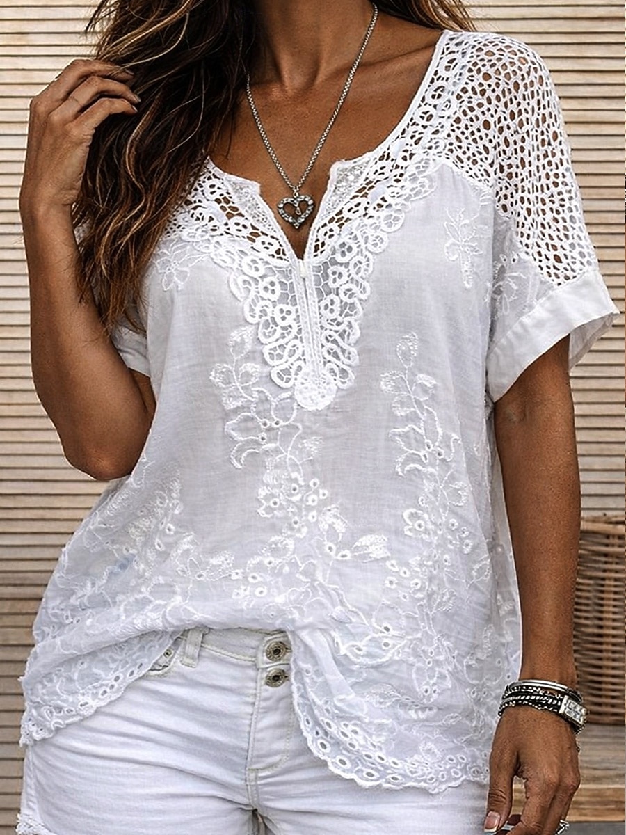 Dam Blus Spets Ensfärgat Stylish Ledigt Kortärmad V-hals Vanliga toppar Dagligen Blå Svart Vit Orange Grå Sommar Vår Höst 2026 - $9.99 –P3