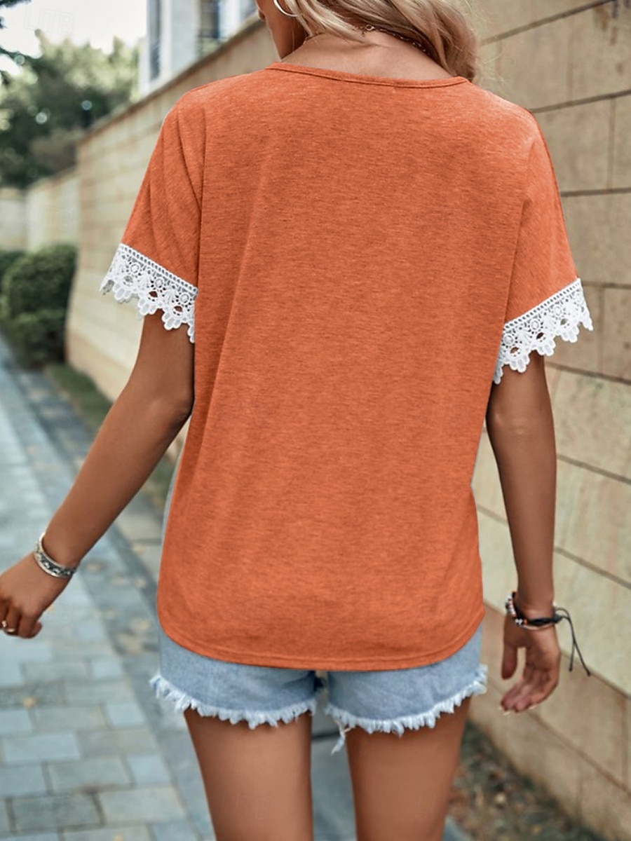 Women's Shirt Blouse Lace Tops Patchwork Solid Color Stylish Classic Modern Short Sleeve V Neck Regular Tops Daily Holiday Going out Blue Black Wine Orange Gray Summer Spring 2026 - $19.99 –P14