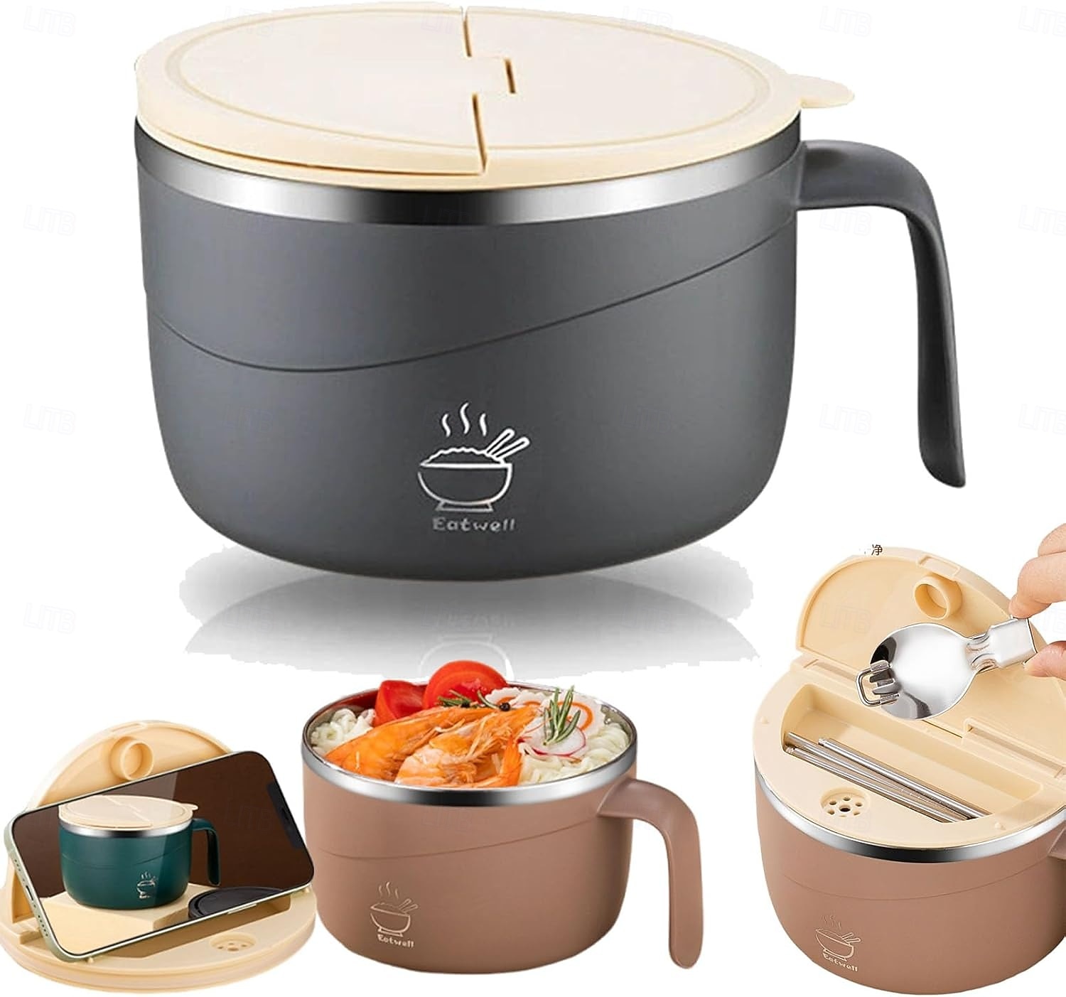 304 rustfritt stål nudelskål med lokk og håndtak, 1200 ml ramenskål med stor kapasitet, dobbeltvegget skåldingssikker suppeskål, bærbar matbeholder for studenthjem, kontor, hjemmebruk 2026 - $16.99 –P2