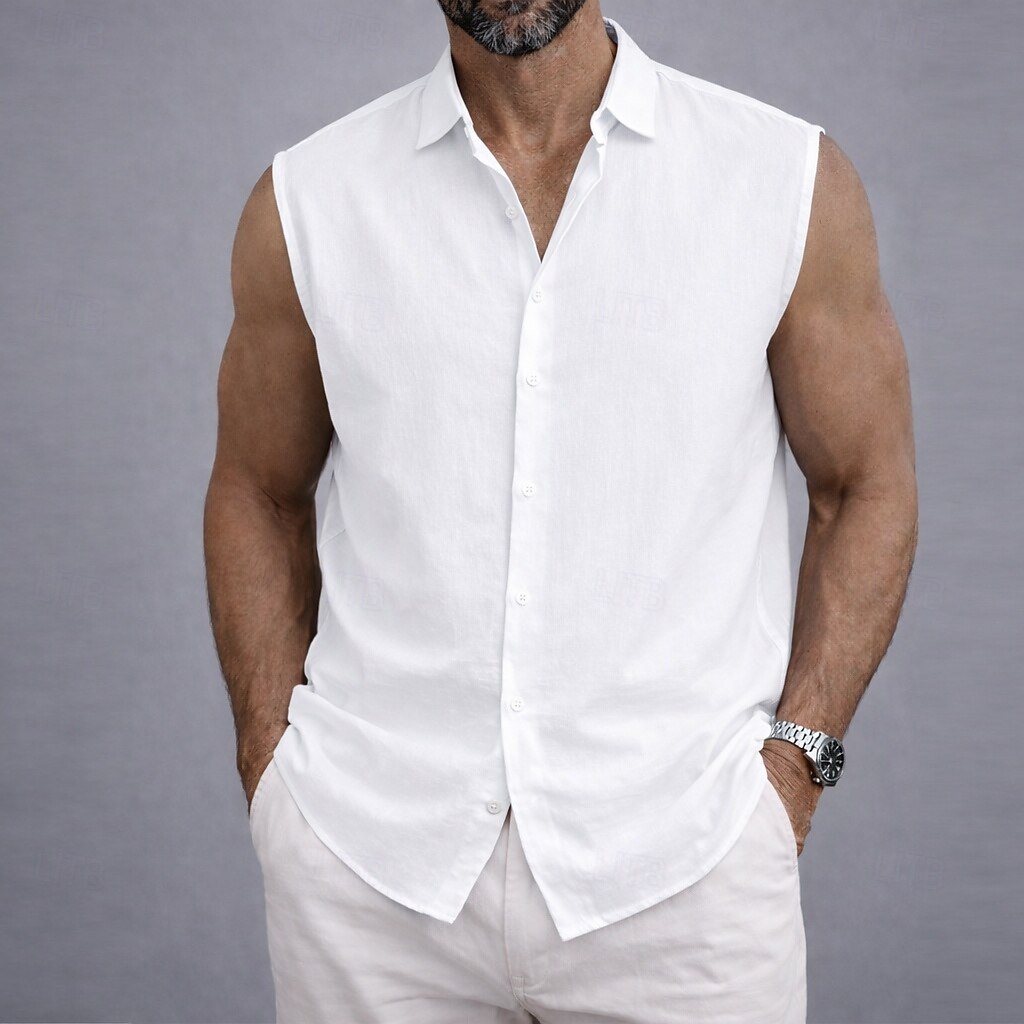 Homme Chemise Chemise en lin Chemise d'été Tenue de plage Chemise Boutonnée T-shirt sans manches Uni Occasionnel Quotidien Bleu Blanche Sans manches Col Rabattu Été Printemps Vêtement Tenue de 2026 ? $21.99 –P7
