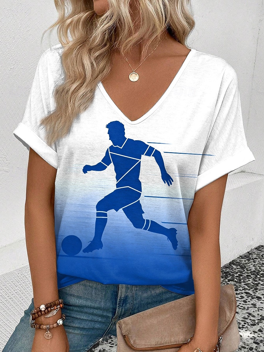 World Soccer Match 2026 Women's T Shirt Print Ombre Graphic Color Block Vintage Stylish Classic Short Sleeve V Neck Regular Tops Daily Weekend Vacation Wear Blue White-Blue White Summer Spring 2026 - $21.99 –P3