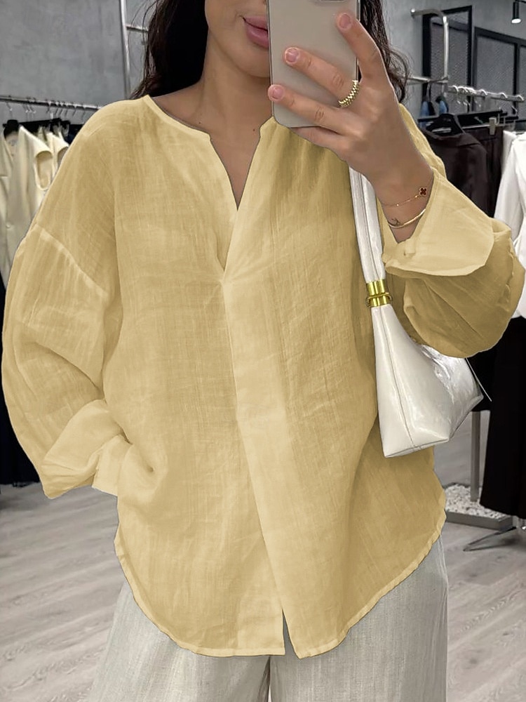 Damen Bluse Baumwollhemd Einfarbig Täglich Stilvoll Basic Langarm V Ausschnitt Normale Oberteile Täglich Blau Weiß Gelb Rosa Grün Sommer Frühling Herbst 2026 - $27.99 –P3