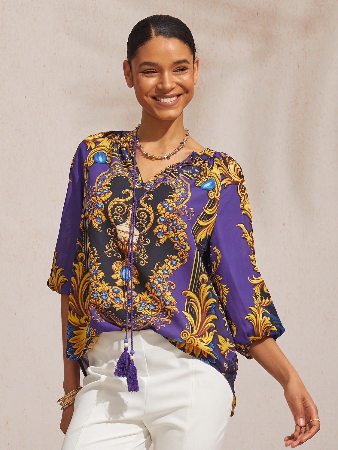 Топ из барочного шифона темно-синего цвета с рукавами 3/4 2026 - $67.99 –P6