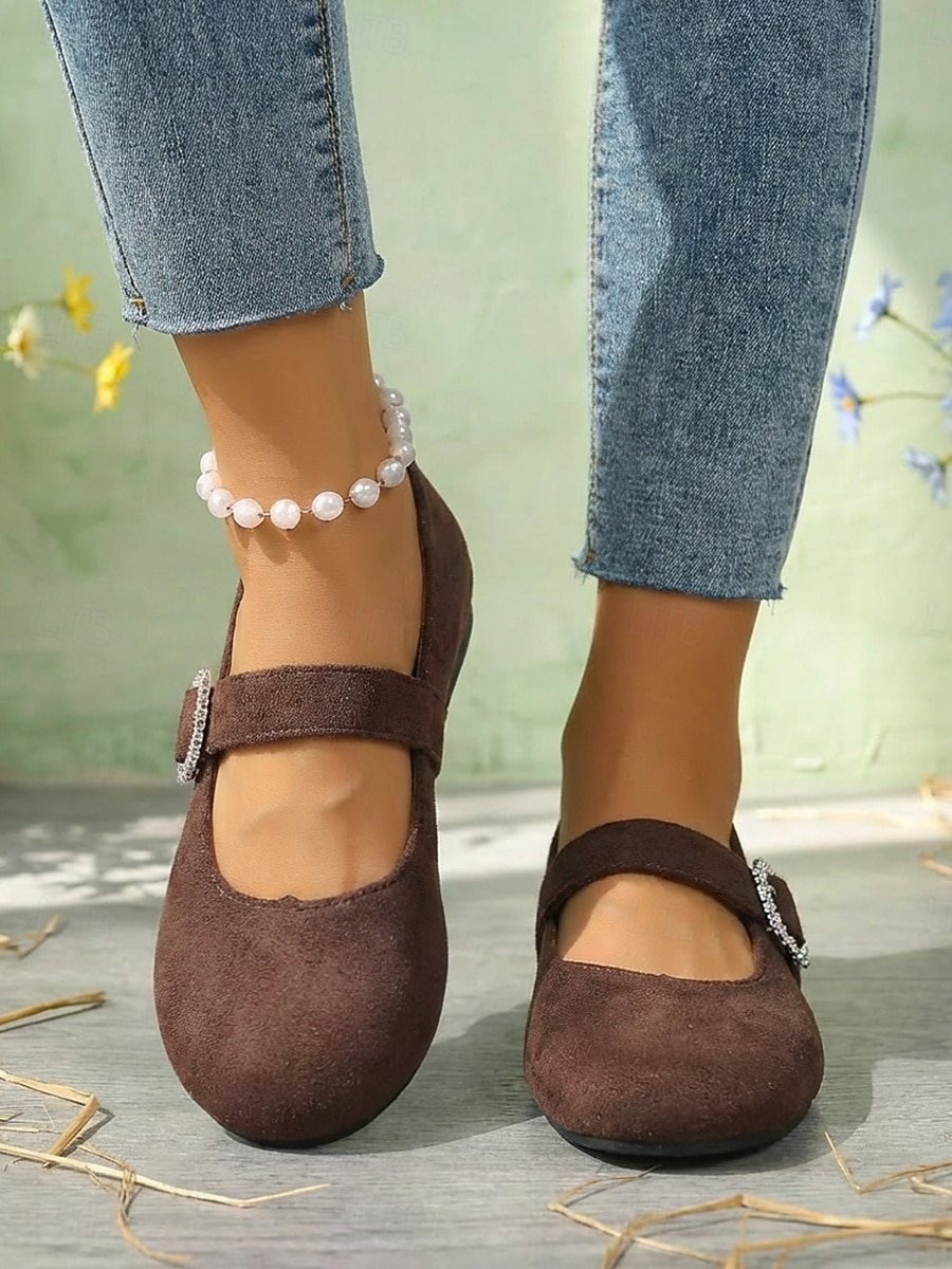 Dames Mary Jane platte schoenen met brede pasvorm in koffiekleur – comfortabele, casual platte schoenen met ronde neus en gesp met strasssteentjes, geschikt voor werk, dagelijkse wandelingen en buitenactiviteiten. 2026 - $19.99 –P4
